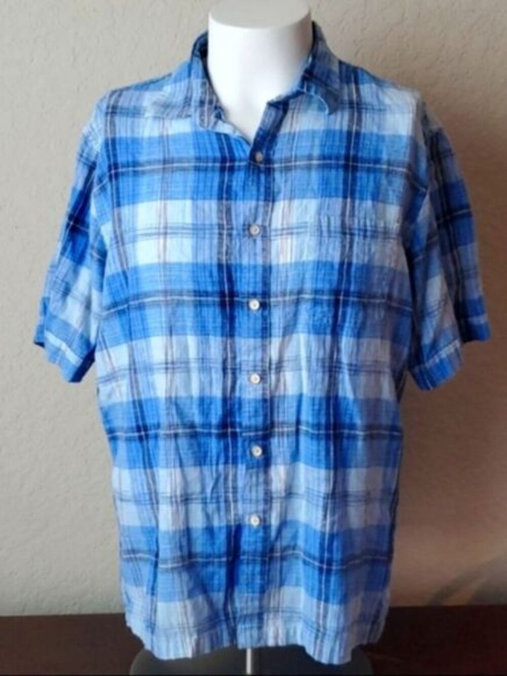 Tasso Elba Island Blue Plaid Linen Cotton Shirt Mens Large EUC Short Sleeve Butt
